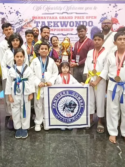 The results of dedication. Our team proudly displays a haul of 14 Gold, 12 Silver, and 5 Bronze medals from the Karnataka Grand Prix Open Taekwondo Championship. We train to win, and we win as a team.