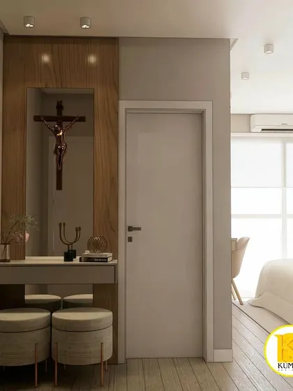 This bedroom design incorporates a small prayer or reflection corner with a crucifix, showing our ability to cater to personal client requests.