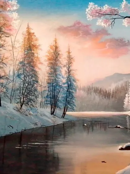 This beautiful winter landscape captures a serene river scene at sunrise. The soft colors and delicate snow-covered trees create a peaceful and breathtaking view.