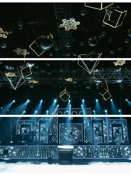 A three-panel shot of a modern, geometric Sangeet stage. The design uses clean lines, suspended shapes, and focused spotlights to create a futuristic and visually striking backdrop for the performances.