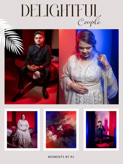 A stylish and modern collage using bold red and blue lighting. This shows how I use creative lighting techniques in a studio to produce vibrant and contemporary couple portraits.