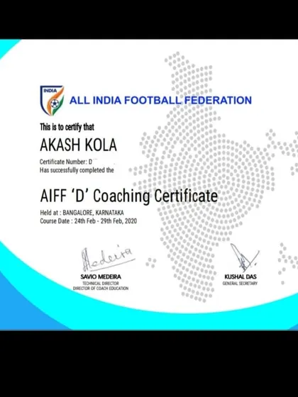 The official AIFF 'D' Coaching Certificate awarded to Akash Kola. We provide pathways not just for playing, but for coaching careers as well.