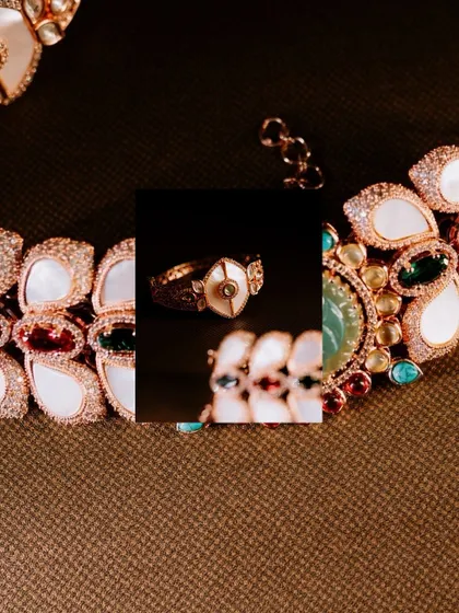 A creative collage focusing on the bride's unique, modern jewelry set.
