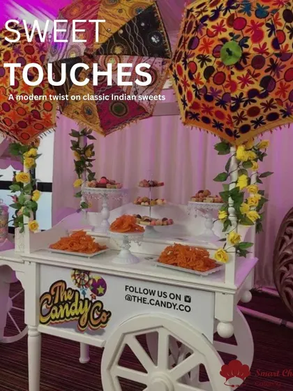 Sweet Touches: A modern twist on classic Indian sweets. This image showcases a beautiful dessert cart with traditional sweets like jalebi.