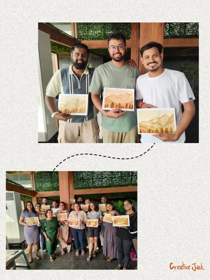 More happy groups from the corporate workshop in Goa, showing off their landscape paintings created with coffee.
