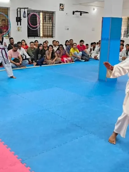 A student in a ready stance during the belt exam.