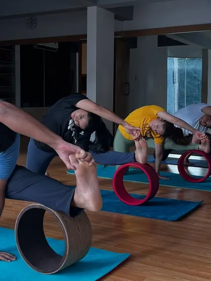 A deep forward fold over the yoga wheel, which helps to release the hamstrings and open the hips.