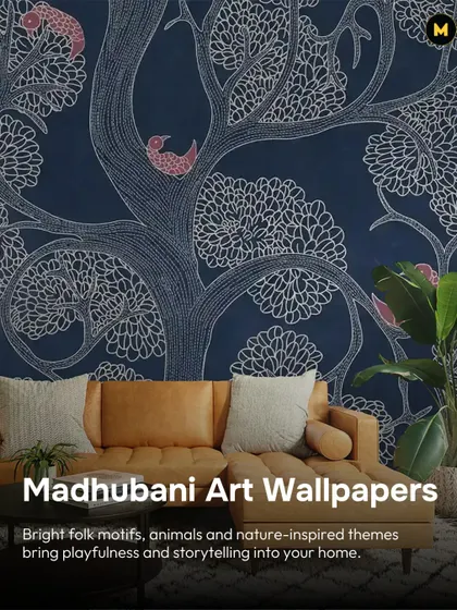 Madhubani art wallpapers bring playful storytelling into your home. This design, with its bright folk motifs of trees and birds, creates a vibrant and joyful atmosphere in this living room.