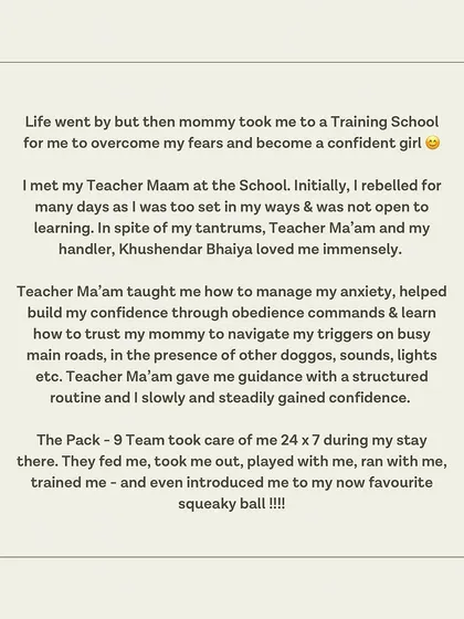 Piku's letter continues, describing how she learned to trust her mommy and manage her anxiety.