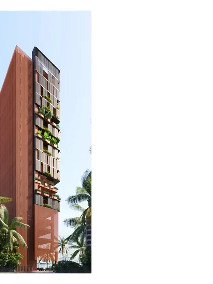 A render of a vertical home on the Bombay coast. Living on the edge between land and sea, our goal is to create architecture that responds to the climate and brings a new level of quality to the city.