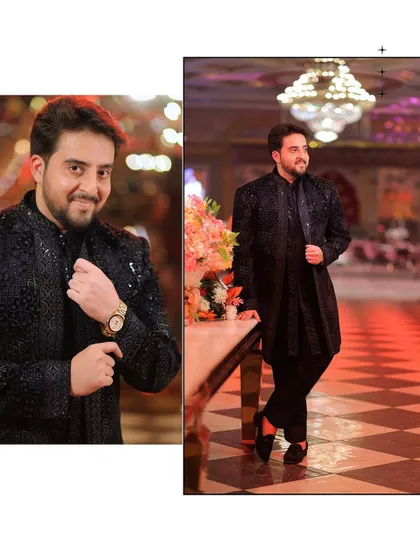 A stylish diptych of the groom-to-be, showing a close-up portrait and a full-length shot that highlights his elegant black sherwani.