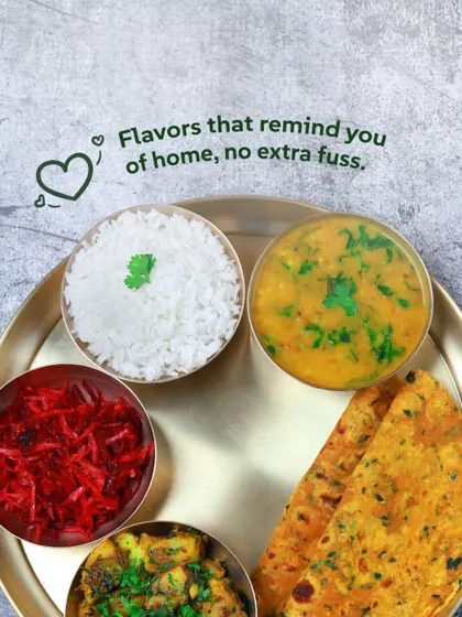 Flavors that remind you of home, no extra fuss. This thali with aloo sabzi, beetroot salad, dal, and thepla is simple, honest, and delicious.