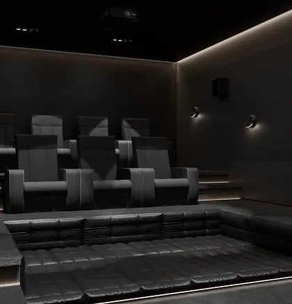 Another angle of 'Project Eclipse', showing the combination of tiered recliners and a sunken lounge area. This hybrid seating is a great solution for accommodating different viewing preferences.