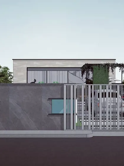 The exterior facade concept for Retreat Villa 90. The design uses a simple, modern form with a concrete finish and a minimalist gate, creating a private and understated entrance that contrasts with the lush landscape within.
