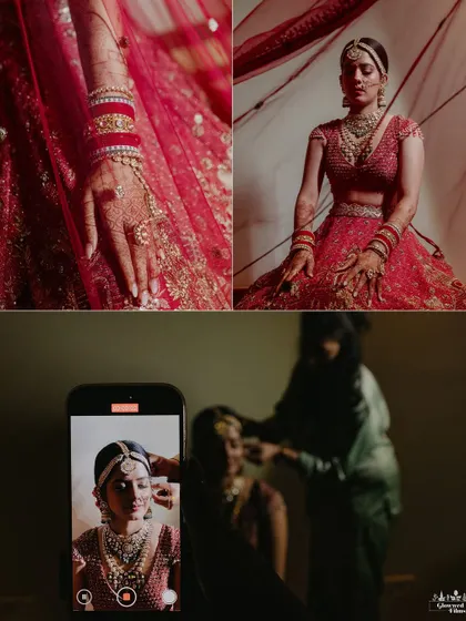 A collage of Kriti's getting-ready moments, including a unique shot of her makeup being filmed on a phone.