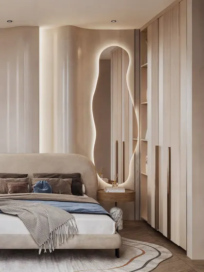 A guest bedroom visualization characterized by soft, organic forms. The render focuses on the wavy, backlit mirror and the curved headboard, creating a gentle and calming space.