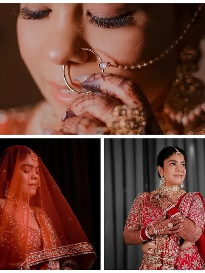 A beautiful collage of the bride's getting ready moments. We focus on the delicate details, like adjusting her nose ring and the fall of her veil, to capture her transformation.
