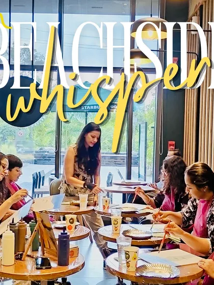 An overview of our "Beachside Whispers" workshop in progress. A full class of participants, all immersed in painting their own slice of the seaside.