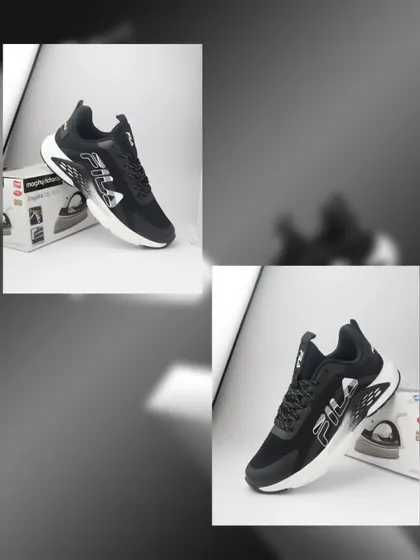 A collage showing the before and after of a Fila sneaker shoot, revealing the simple in studio setup versus the polished final image.