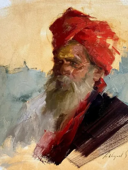The final oil on canvas portrait created during the demonstration in Sangli. The striking red turban is rendered with bold, confident knife work, a key element of my expressive style.