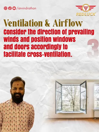 I consider the direction of prevailing winds to position windows and doors for optimal cross-ventilation and airflow.