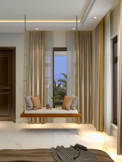 In this serene bedroom, we designed a custom hanging swing seat as a unique reading nook. This piece embodies our philosophy of intentional minimalism, creating a moment of quiet contemplation and visual lightness within the space.