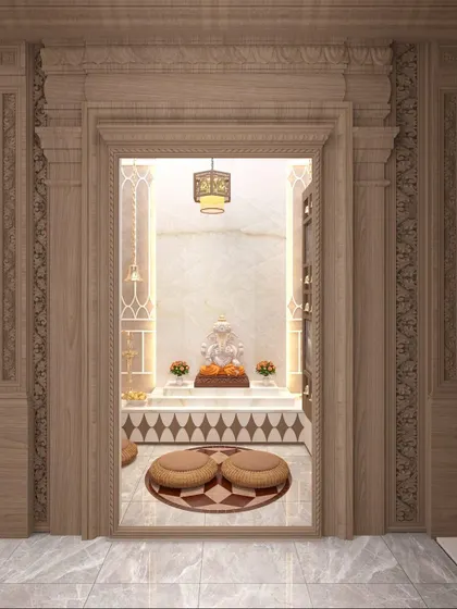 A frontal view of the grand traditional pooja room, showcasing the detailed carvings on the wooden frame that make it a true masterpiece.