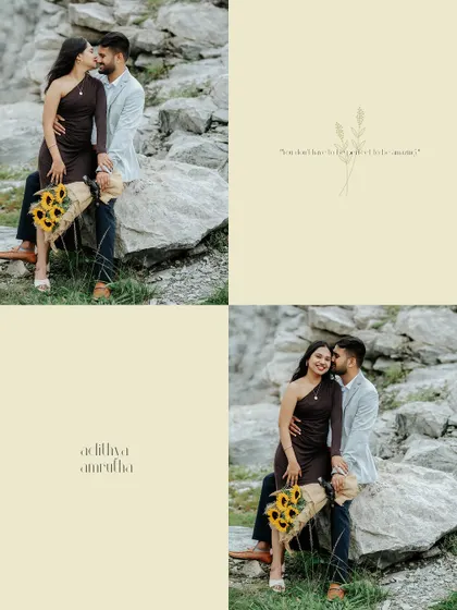 An elegant album layout featuring the couple in a rocky, natural landscape, their names beautifully inscribed to personalize their love story.