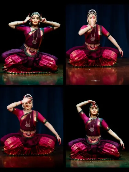 Another collage of four seated poses, showing the versatility of abhinaya even in a stationary position.