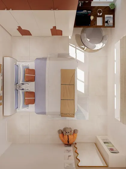 A top-down view of a playful kid's room, showing a minimalist design with a warm, neutral color palette.