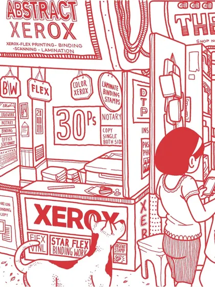 Close-up on the left side of the Netflix mural. You can see references to 'Abstract' and 'The Great Hack', woven into the fabric of a typical Mumbai Xerox shop.
