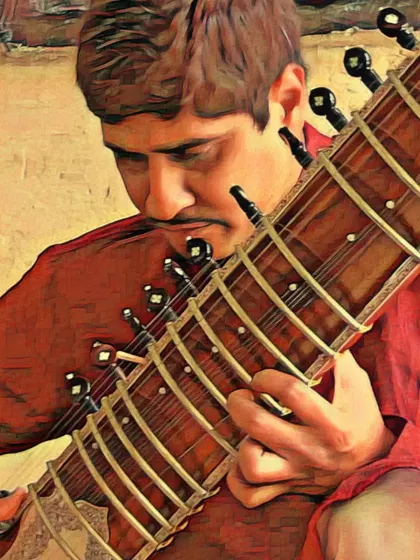 An artistic edit of a photo of me with my sitar.