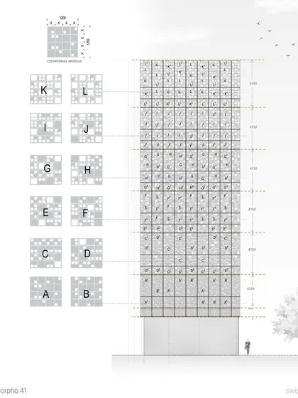 A detailed elevation drawing of the LEED Platinum office building in Delhi. It shows the modular 'jaali' facade, which was parametrically designed to optimize daylight and reduce glare based on the sun's path, a hallmark of our data-driven design process.