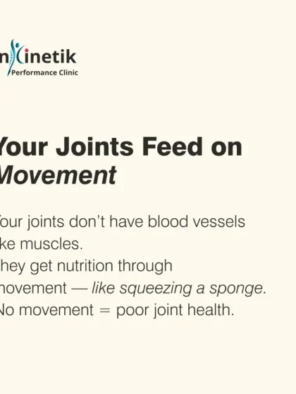 Your joints feed on movement. Unlike muscles, joints don't have a direct blood supply. They get nutrition through a process like squeezing a sponge, which happens when you move. No movement equals poor joint health.