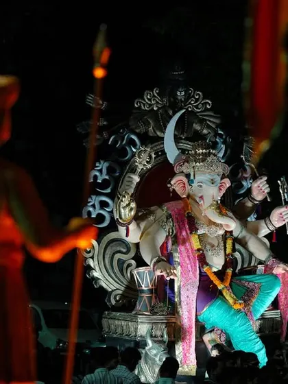 Another perspective shot featuring the Maratha warrior statue, providing a sense of protection and reverence towards the Sanpadya Cha Maharaja.