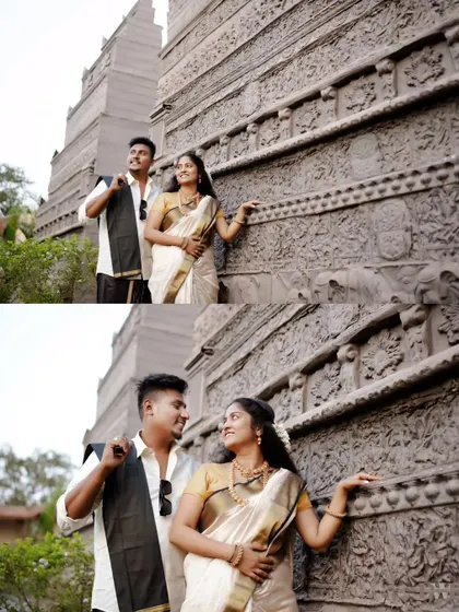 Posed against intricately carved walls, this shot highlights both the couple's connection and the stunning details of the location. It’s a perfect blend of romance and artistry.