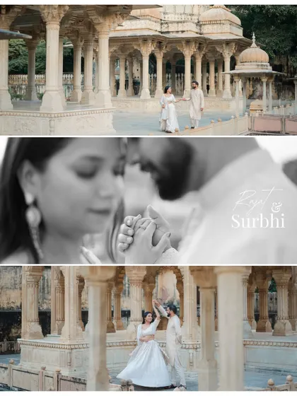 A collage from Rajat and Surbhi's elegant shoot at Gaitor Ki Chhatriyan, including a beautiful black-and-white close-up.