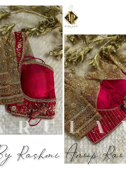 A stunning combination of red raw silk and beige net sleeves. The sleeves are heavily embroidered with zardosi and pearl work, creating a rich and elegant look for any celebration.