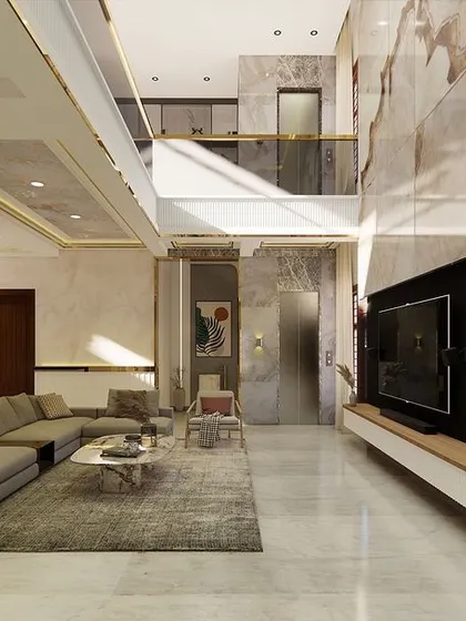 This 3D render of a 650 sqft double-height living room showcases our vision for a 10,000 sqft villa. The design features a stunning TV wall made of semi-precious Pink Crystal Onyx and a faux-finish ceiling with gold tints, balancing opulence with functional elegance.
