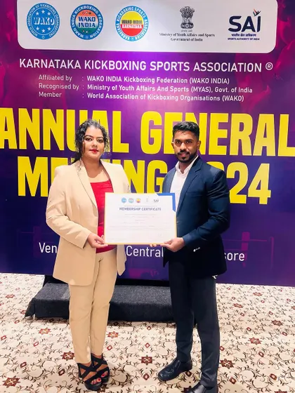 A formal photograph commemorating our club's official affiliation with the WAKO Kickboxing Association of Karnataka.