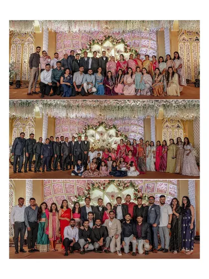 A triptych of group photos with family and friends, capturing all the important people who celebrated with the couple.