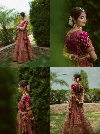 A four-part collage showcasing the bride's stunning maroon lehenga from all angles, highlighting the intricate details of her outfit.
