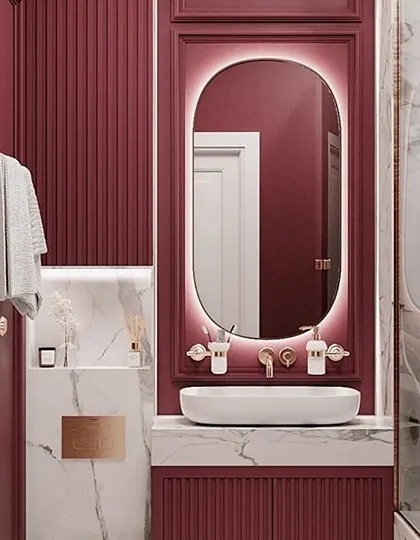 A bold and unique bathroom concept in a rich magenta hue. This render combines fluted wall panels with white marble and rose gold fixtures for a glamorous and contemporary aesthetic.