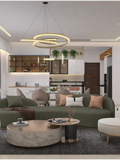 A contemporary living room render showcasing an open-plan layout that flows into the kitchen. The design uses a sophisticated green and neutral palette with modern furniture.