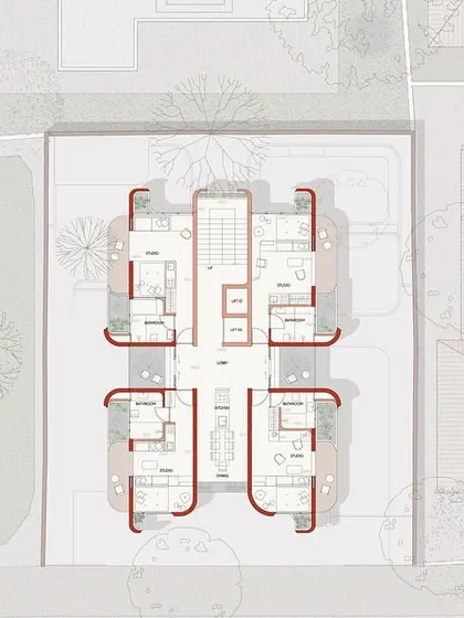 A floor plan illustration for the compact apartments at The Nest. This drawing shows how the modular units are arranged, with a shared kitchen and courtyard space designed to foster social interaction among residents.
