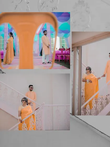 A set of artistic shots from the Haldi day, playing with creative angles and reflections. We love finding unique perspectives to make your wedding photos stand out.