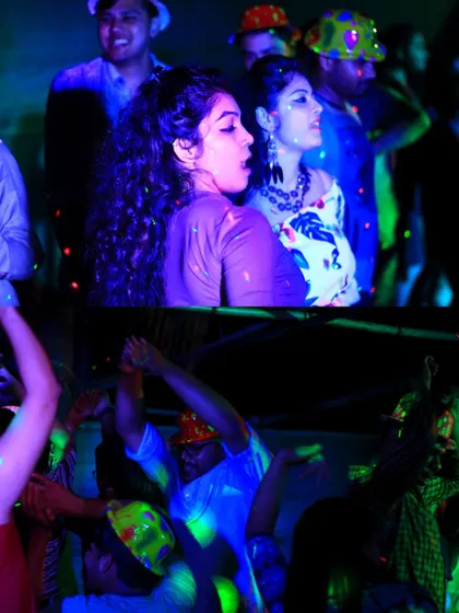 A collage of the vibrant nightlife I organize, with teams dancing and enjoying the music at a beach party in Gokarna.