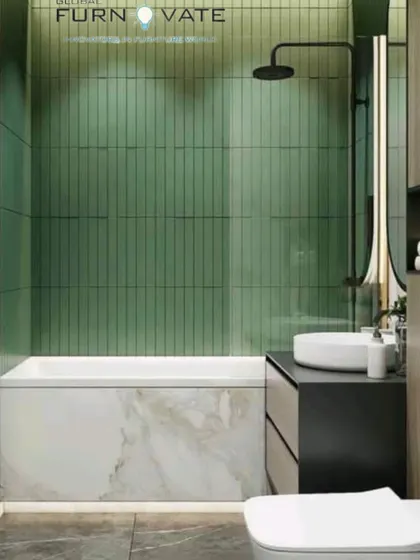 A luxurious bathroom concept with green subway tiles in the shower area and a marble-clad bathtub, creating a spa-like atmosphere.