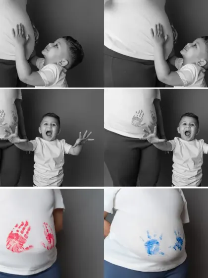 A fun collage showing the big brother's excitement for his new sibling. Using handprints on the baby bump is a playful and interactive way to include kids in the maternity shoot.
