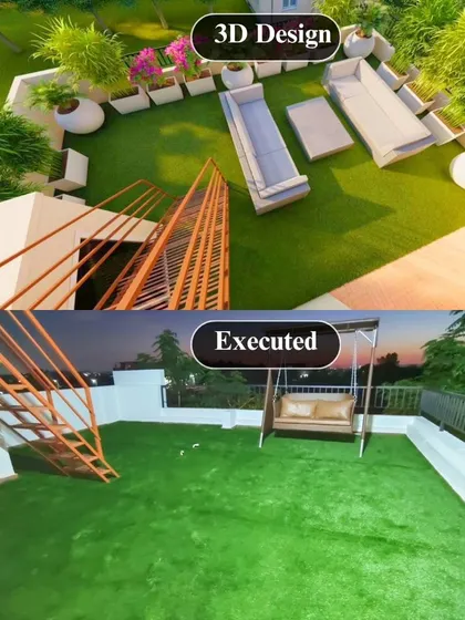 An aerial view comparison showing how our 3D design for a terrace with artificial grass and a swing was precisely executed, turning a concept into a real-life relaxation zone.